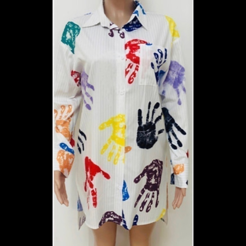Button Down Blouse. Multicolored Handprints. Nwot. Small View 2